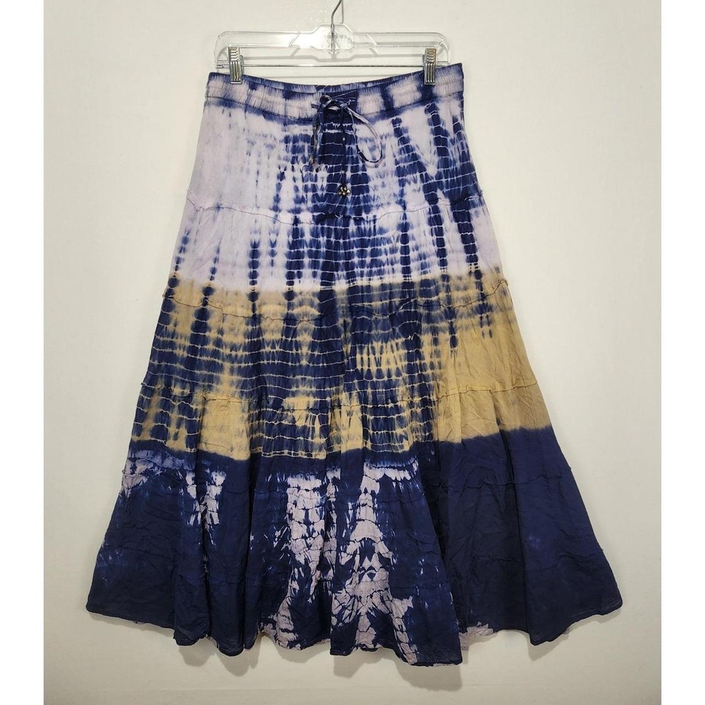 Cato Women's Size S Blue Tie Dye Boho Tiered Midi Maxi Skirt Drawstring